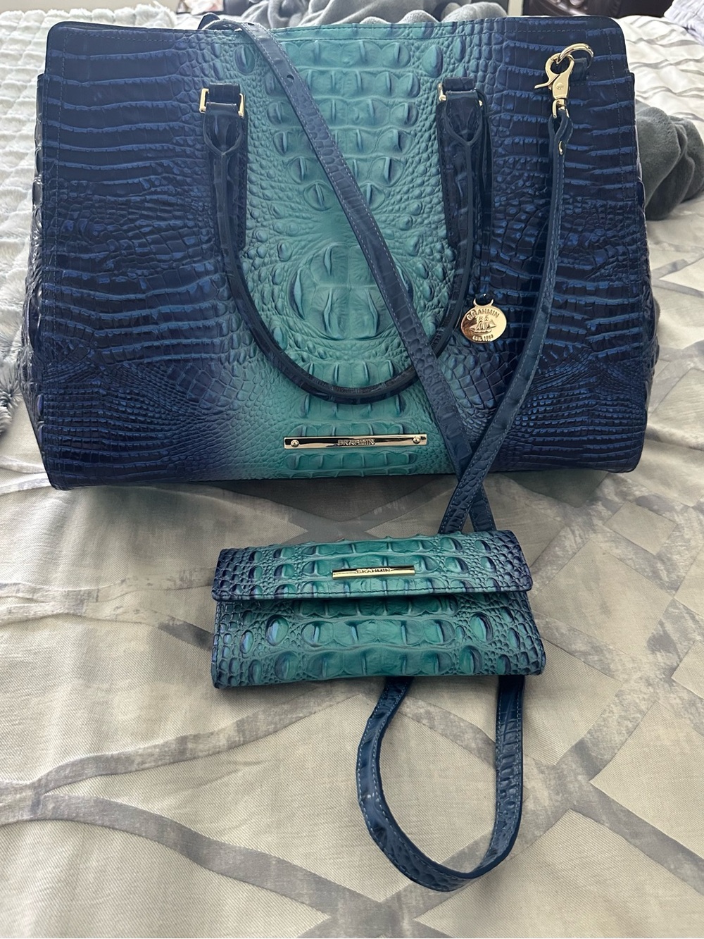 Brahmin Blue and Teal Ombre Croc-Embossed Satchel with Wallet